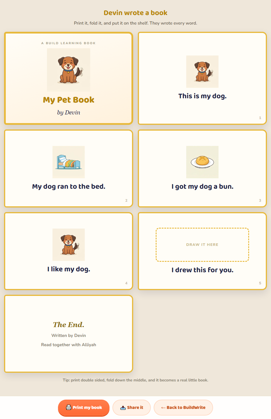 A printable mini book written by a child, with their name on the cover
