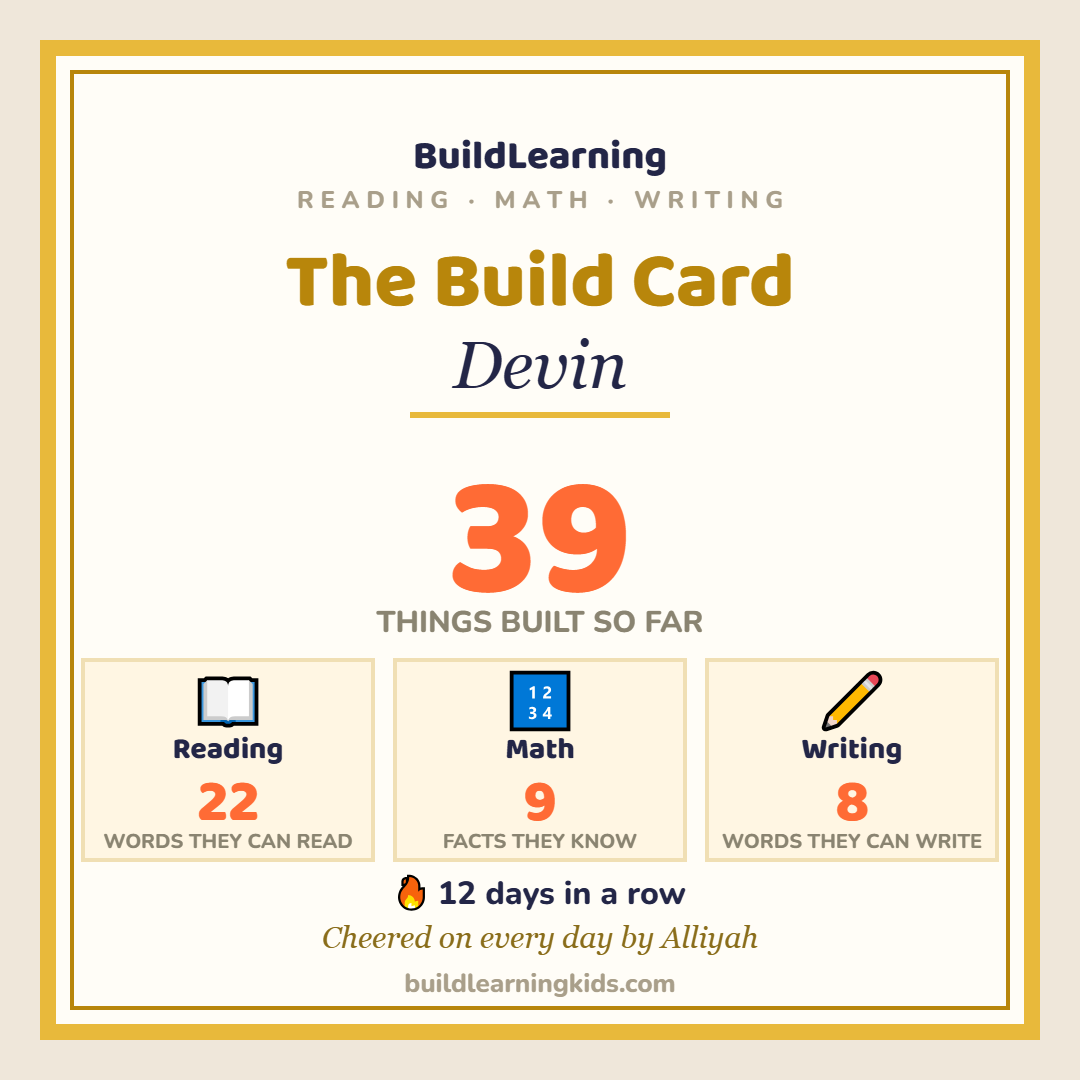 A sample Build Card showing 39 things built across reading, math and writing