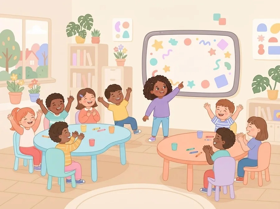 Two small teams of children cheering during a classroom word game