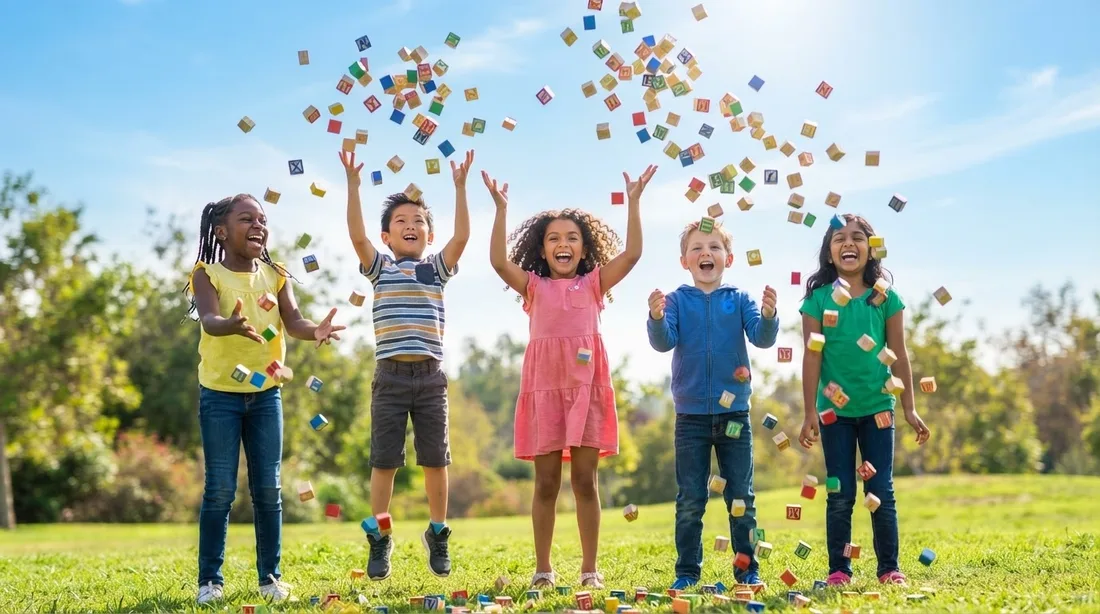 Happy kids celebrating with letter blocks