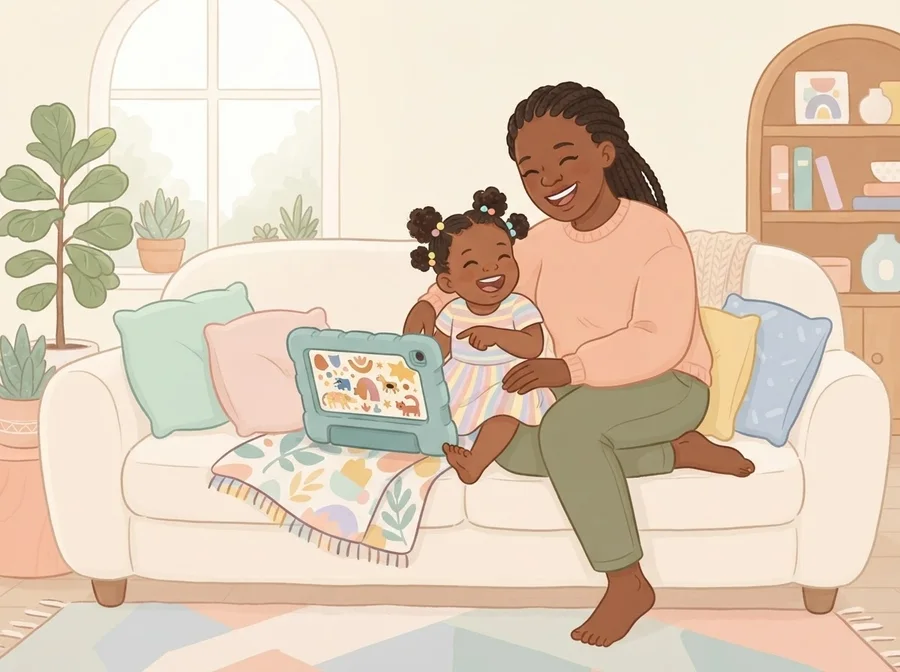 A parent and child reading together on a couch