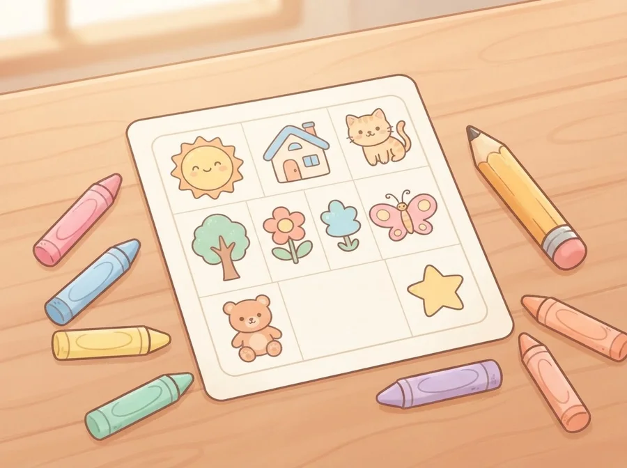 A printed worksheet on a desk with crayons and a pencil