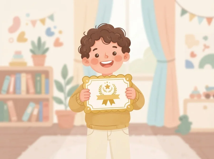 A child proudly holding up a printed certificate