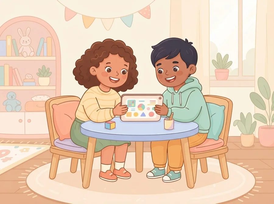 Two children sharing a tablet at a low table
