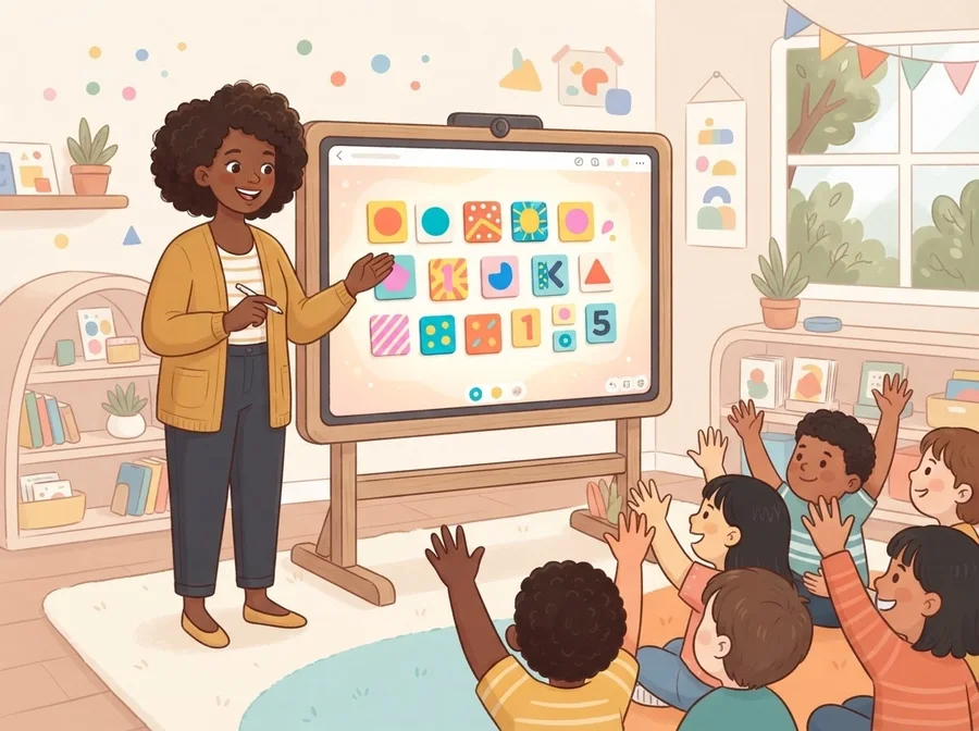 A teacher leading a whole-class lesson on a smartboard while children raise their hands