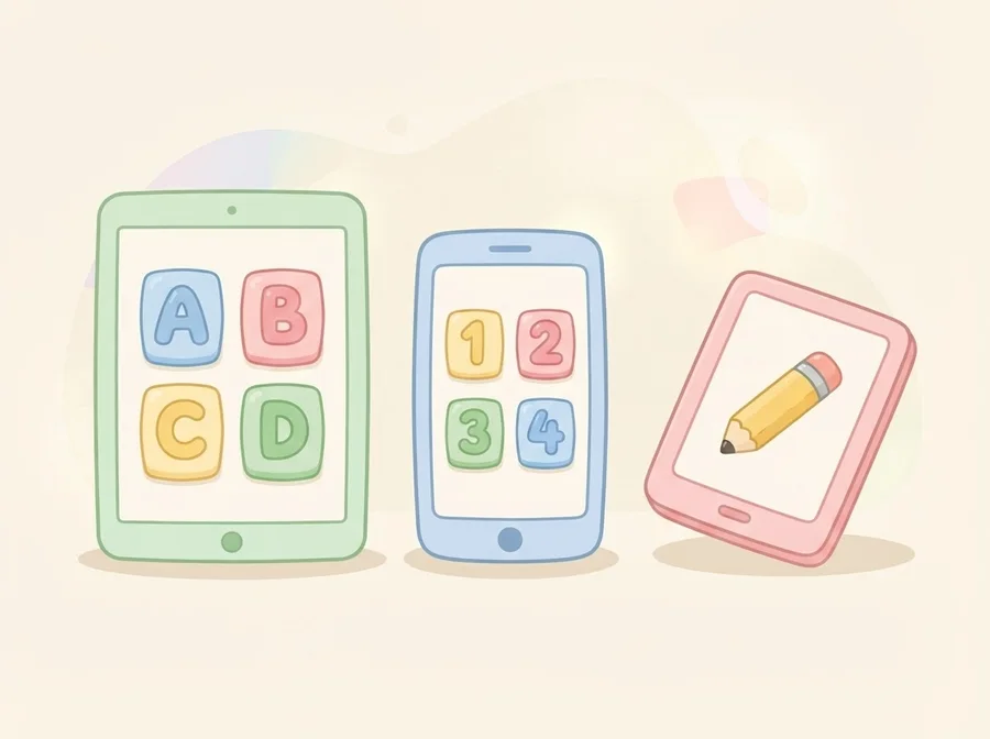 Three tablets side by side showing letters, numbers and a pencil