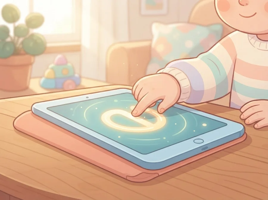 A child's finger tracing a letter on a tablet screen